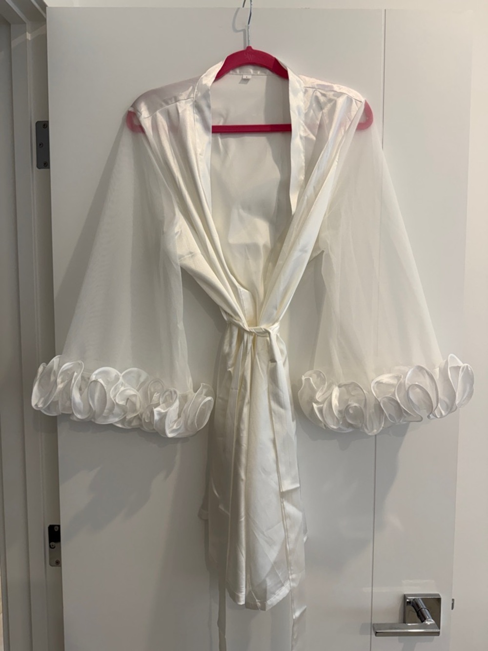 SHEIN Satin Ivory Sheer Wrap Robe with Ruffle Cuffs - Picture 3 of 3